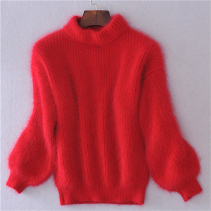 Women's fluffy mohair blend pullover with stand-up collar and oversized silhouette Mune Fashion
