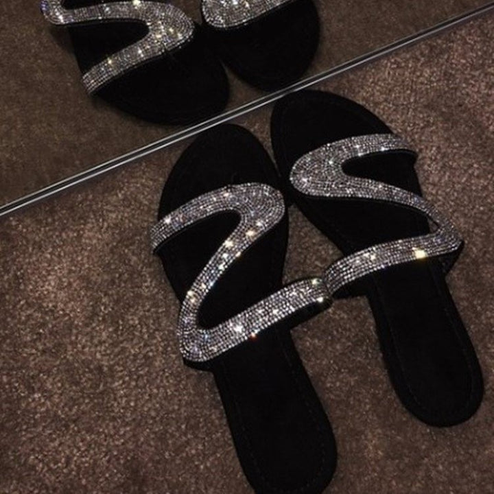 Ladies glitter sandal with curved rhinestone straps and padded comfort footbed Mune Fashion
