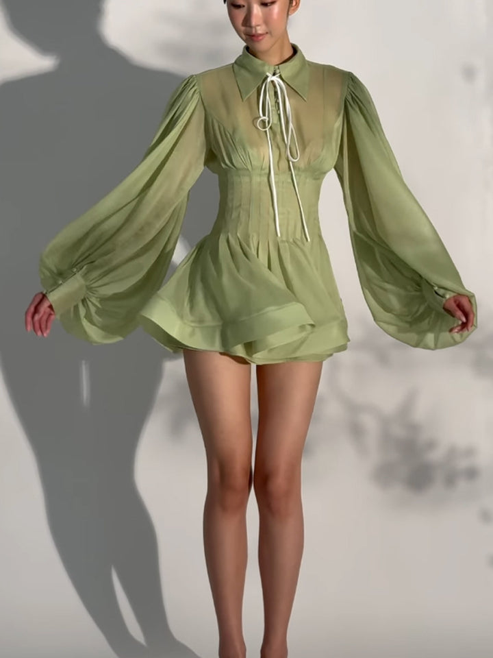 Ladies Transparent Chiffon Mini Dress with Corset Look, Puff Sleeves and Flared Skirt Mune Fashion