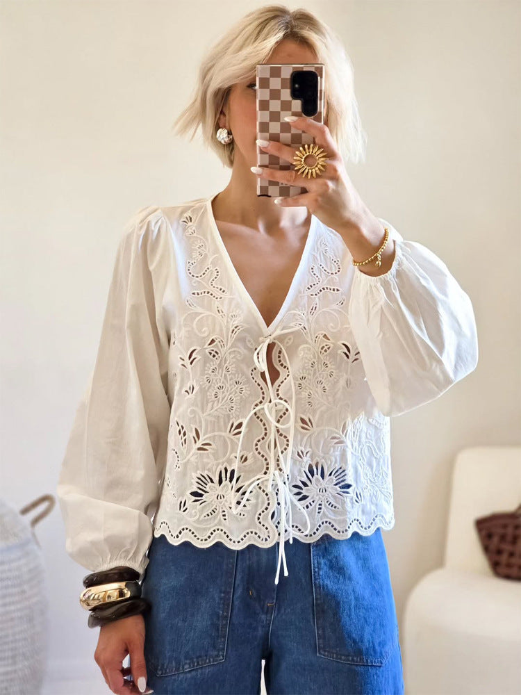 Women's Light Embroidery Anglaise Lace Blouse with V-Neck, Ties and Balloon Sleeves Mune Fashion