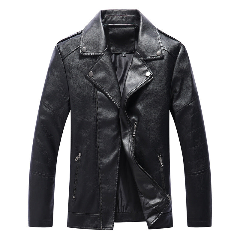 Men's biker leather-look jacket with asymmetrical zipper, shoulder patches, and quilted sleeve section Mune Fashion