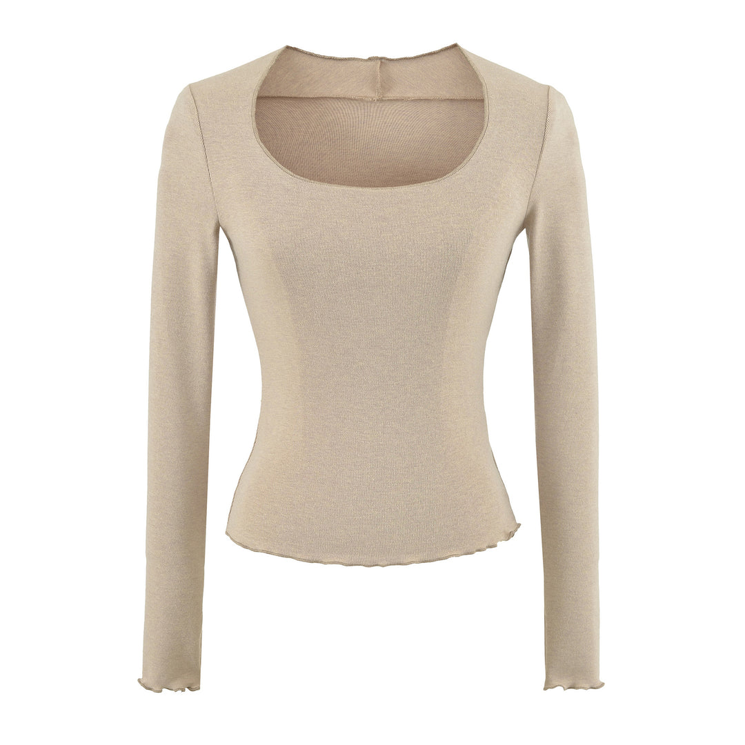 Women Fitted Long Sleeve Fine Knit Top with Square Neckline and Wave Hem Mune Fashion