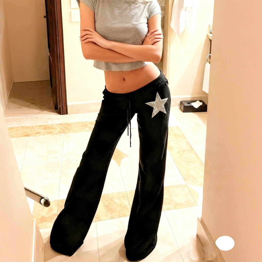 Ladies' velvet pants with wide leg, elastic waistband, and sequin star appliqué Mune Fashion