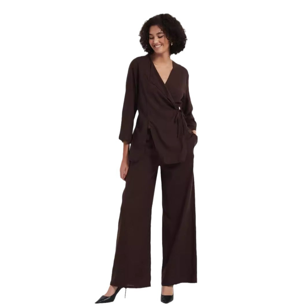 Women's two-piece wrap set made of flowing viscose blend with wide palazzo pants leg Mune Fashion