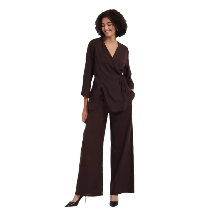 Women's two-piece wrap set made of flowing viscose blend with wide palazzo pants leg Mune Fashion