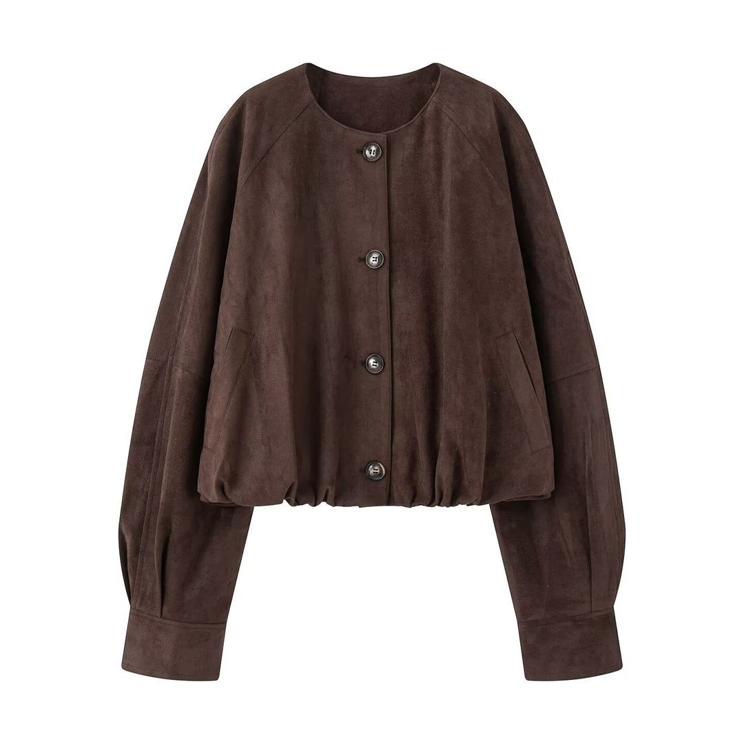 Women Short Blouson Jacket in Cropped Look with Round Neckline and Balloon Sleeves Mune Fashion