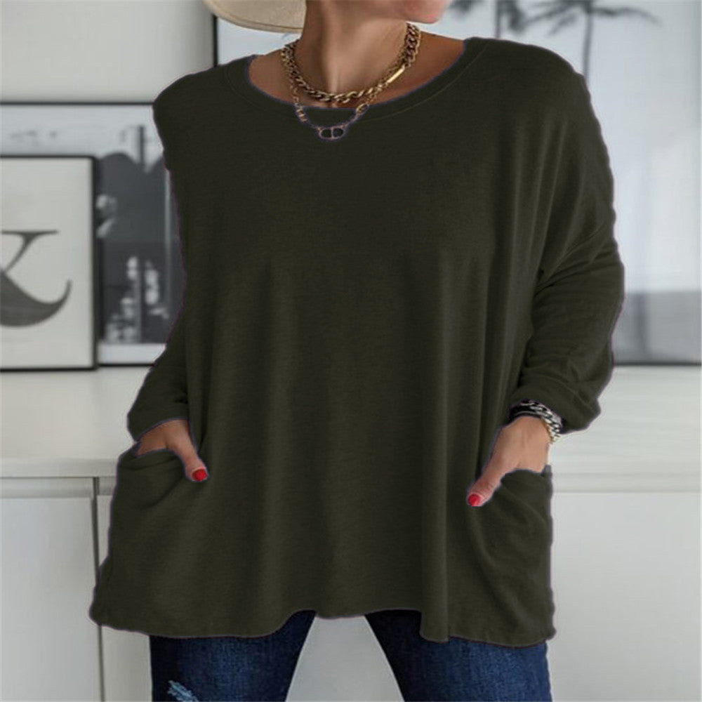 Women's oversized long sleeve tunic with round neckline, drop shoulder and patch pockets Mune Fashion