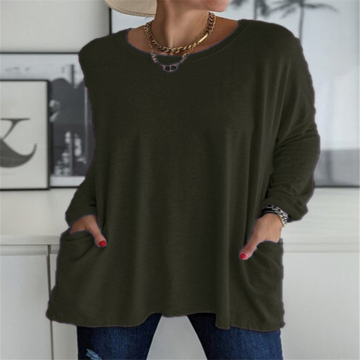Women's oversized long sleeve tunic with round neckline, drop shoulder and patch pockets Mune Fashion
