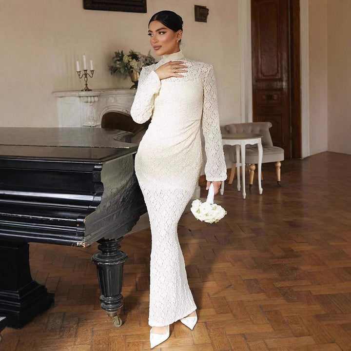Women Elegant form-fitting Maxi dress made of lace with a stand-up collar and trumpet sleeves Mune Fashion