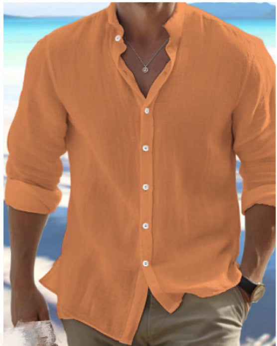 Men's light linen blouse shirt with stand-up collar, straight cut and continuous button placket Mune Fashion