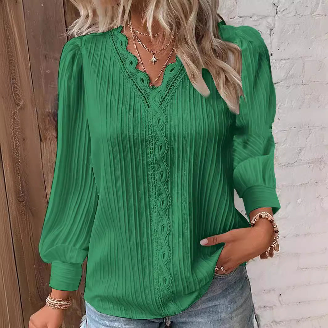 Women's romantic V-neck lace blouse with pleats and puff sleeves Mune Fashion