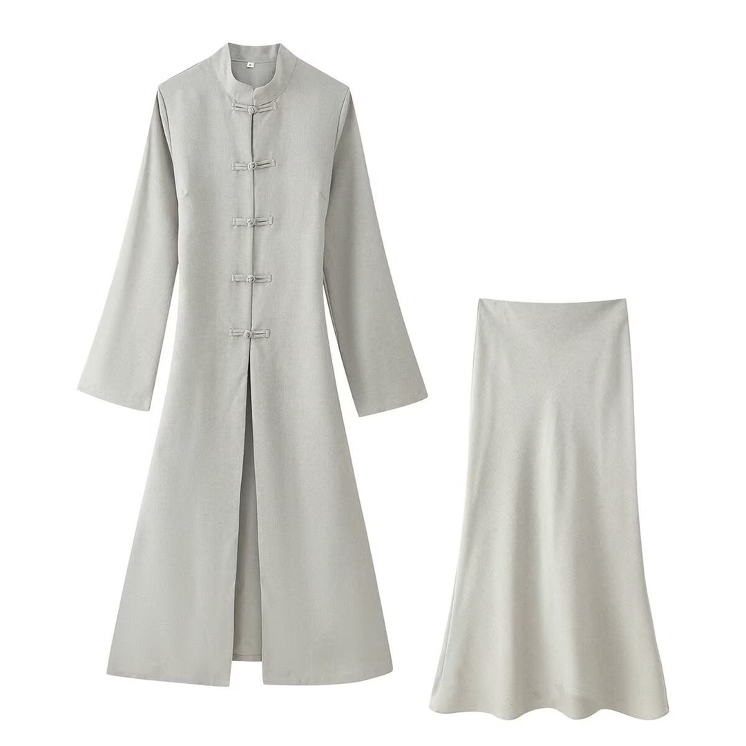 Women's Two-Piece Set: Long Coat with Mandarin Collar and A-Line Maxi Skirt Mune Fashion