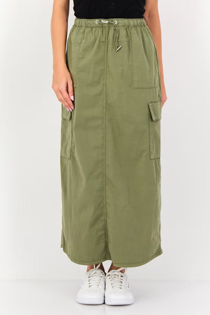 Women Long Cargo Maxi Skirt with Drawstring Waist and Flap Pockets Drune