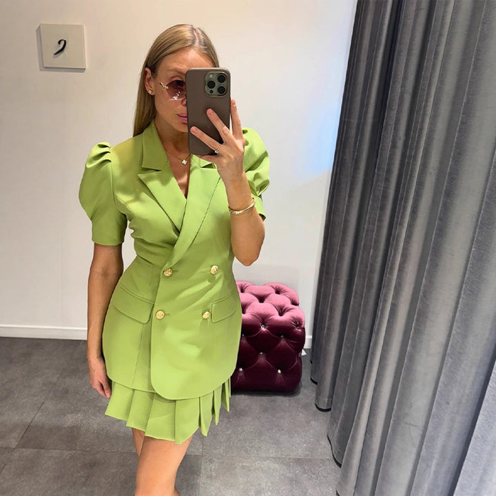Women Double-Breasted Blazer Dress with Puff Sleeves and Pleated Hem Mune Fashion