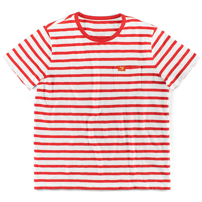 Men's striped short-sleeve T-shirt made of cotton jersey with chest pocket and contrasting round neckline Mune Fashion