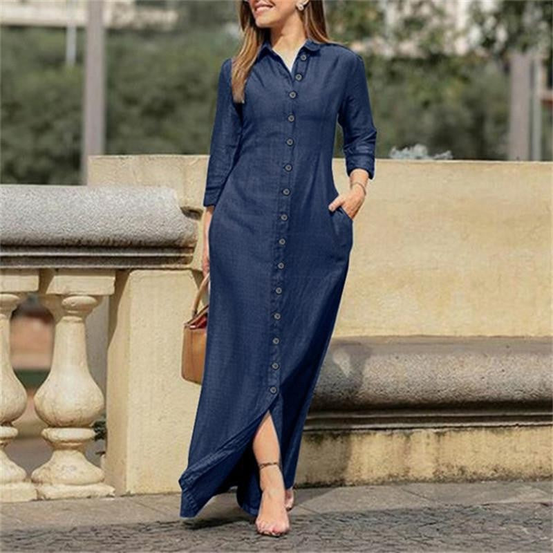 Women's maxi dress shirt dress with button placket and side pockets Drune