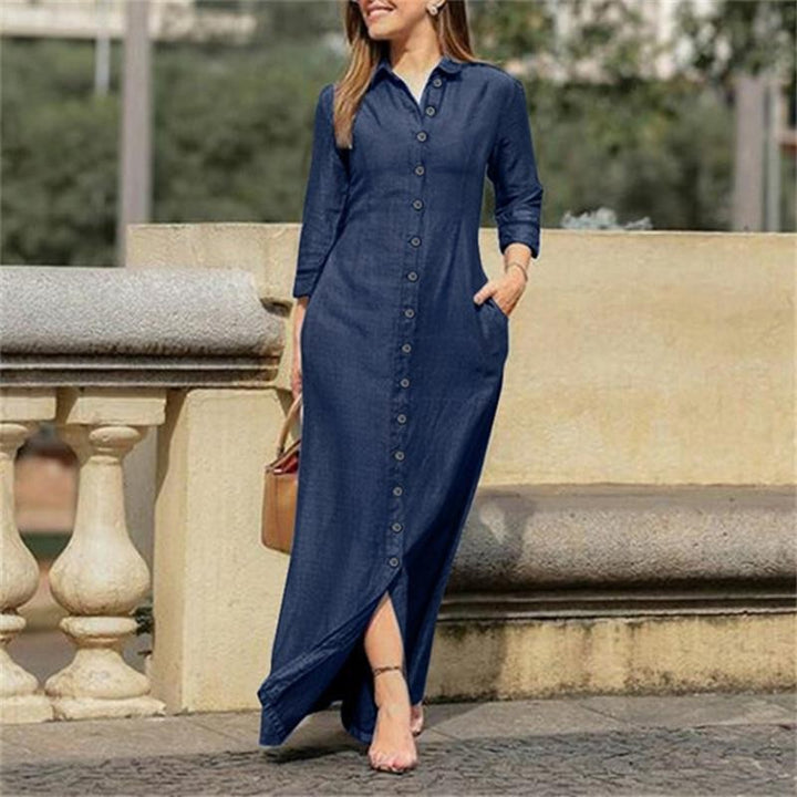 Women's maxi dress shirt dress with button placket and side pockets Drune