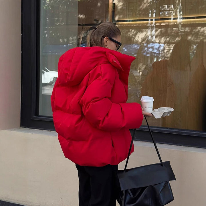 Women Short Cut Quilted Winter Jacket with High Collar Hood and Padded Thermal Lining Mune Fashion