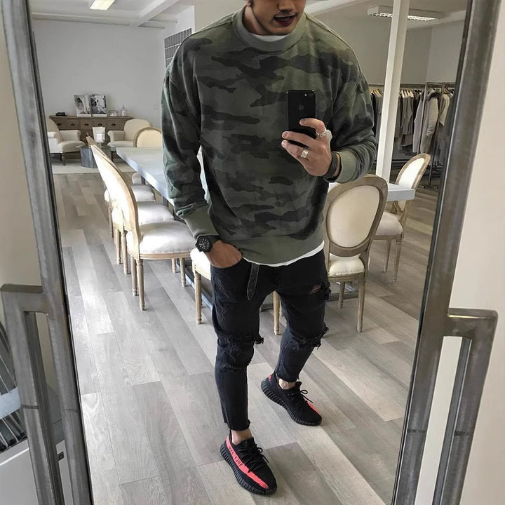 Men's Oversized Camouflage Sweatshirt with Crew Neck and Ribbed Cuffs Mune Fashion