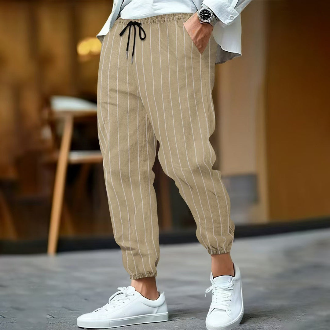 Men's striped linen look joggers with drawstring, elastic hem, and side pockets Mune Fashion