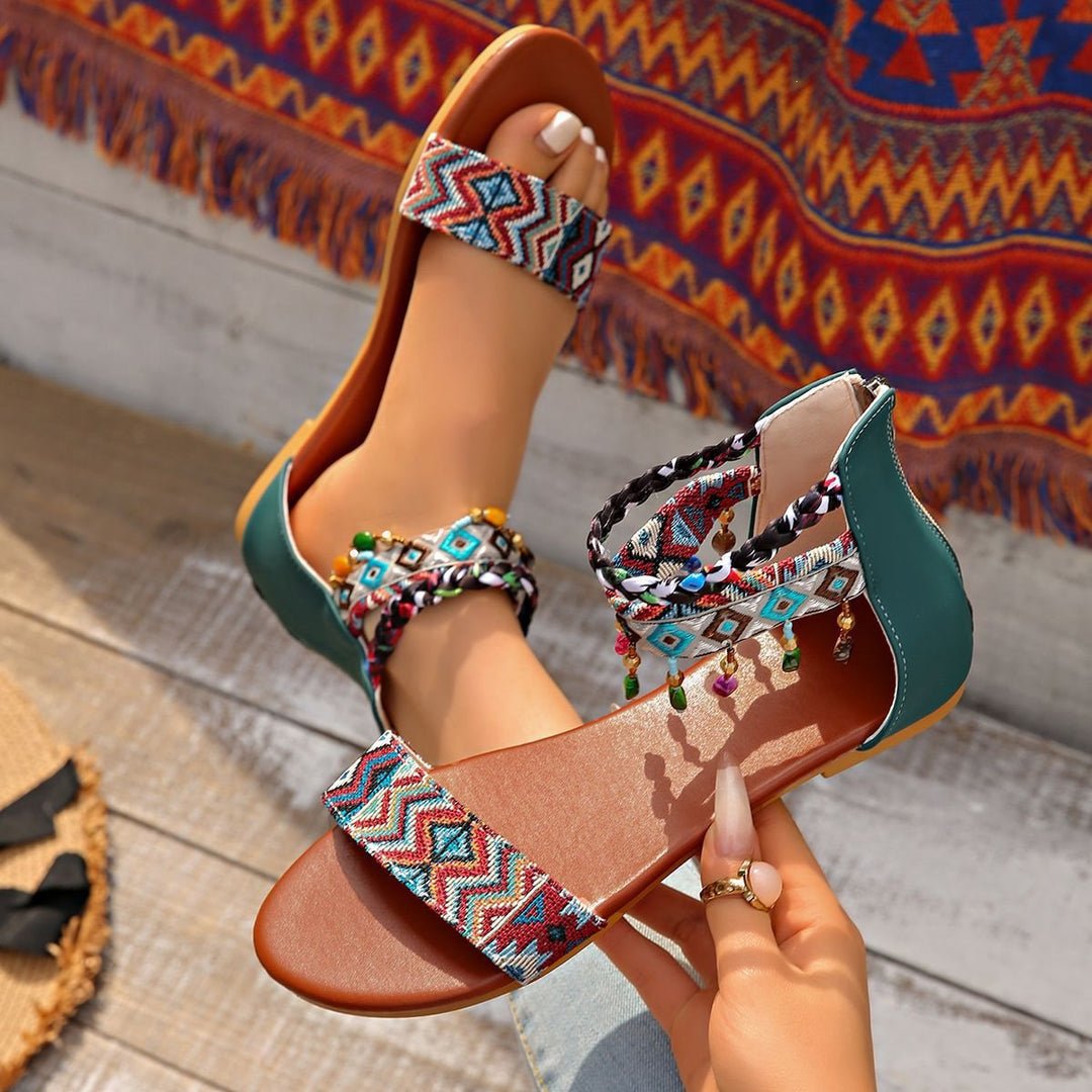 Women's Boho Sandals with Embroidered Straps, Braided Ankle Straps, and Decorative Beads Mune Fashion