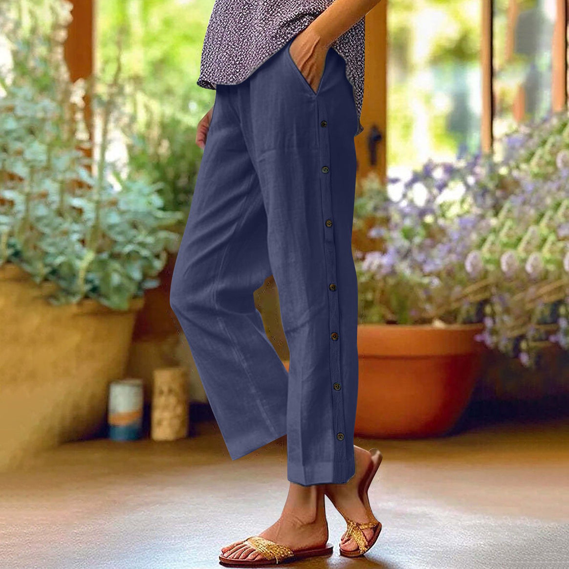 Ladies Light Relaxed Pants with Side Button Placket and Insert Pockets Mune Fashion