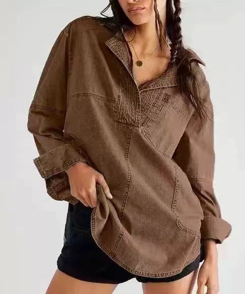 Women's Oversize Denim Tunic with Henley Neckline and Kangaroo Pocket Mune Fashion