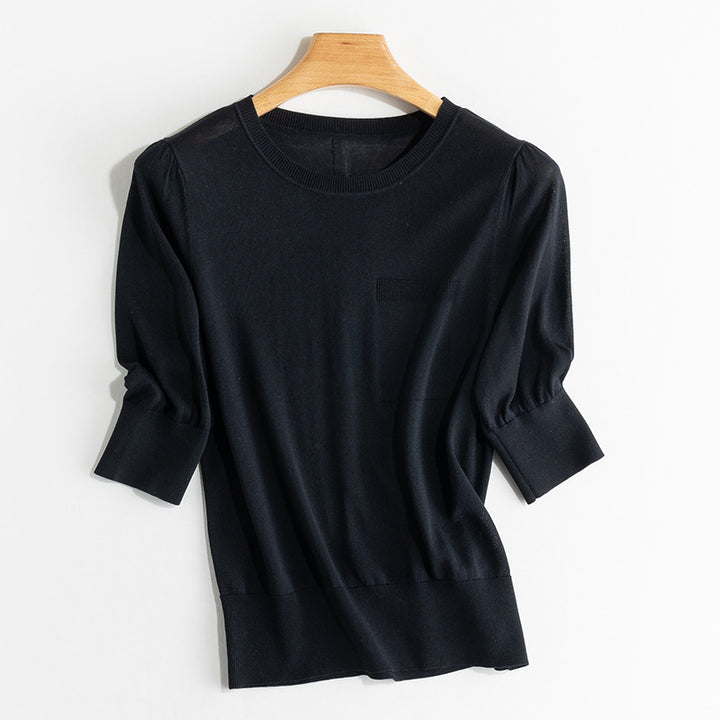 Women's fine knit top with 3/4 balloon sleeves, ribbed hem and chest piping Mune Fashion