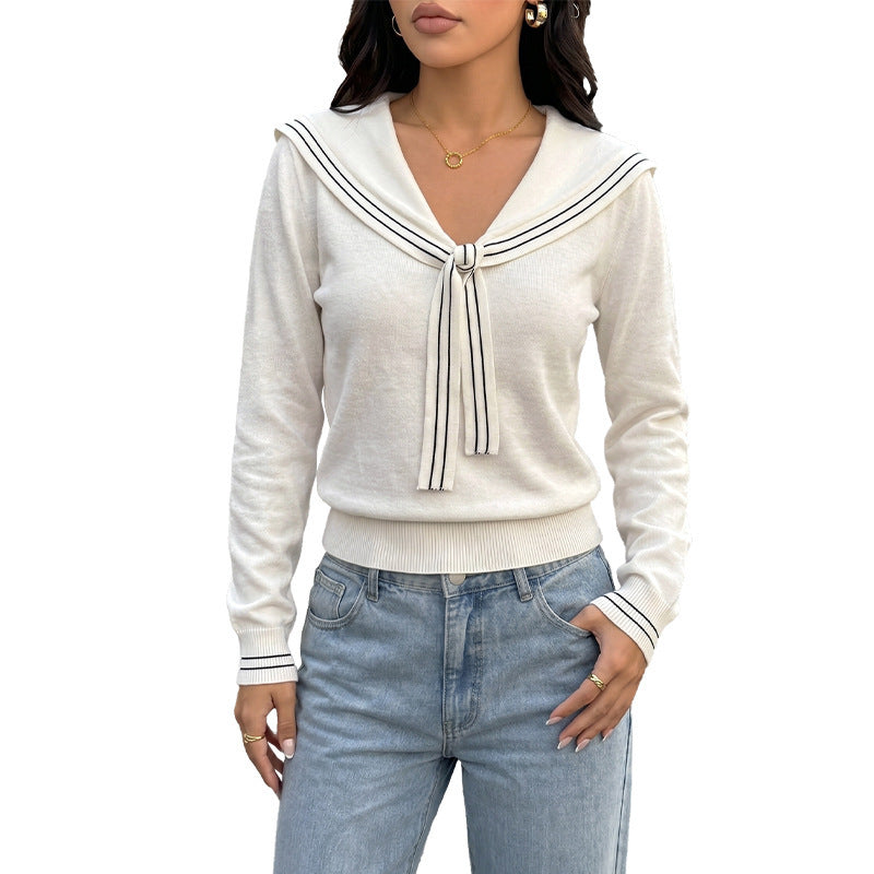 Women Maritime Knitted Sweater with Sailor Collar and Decorative Knot Mune Fashion