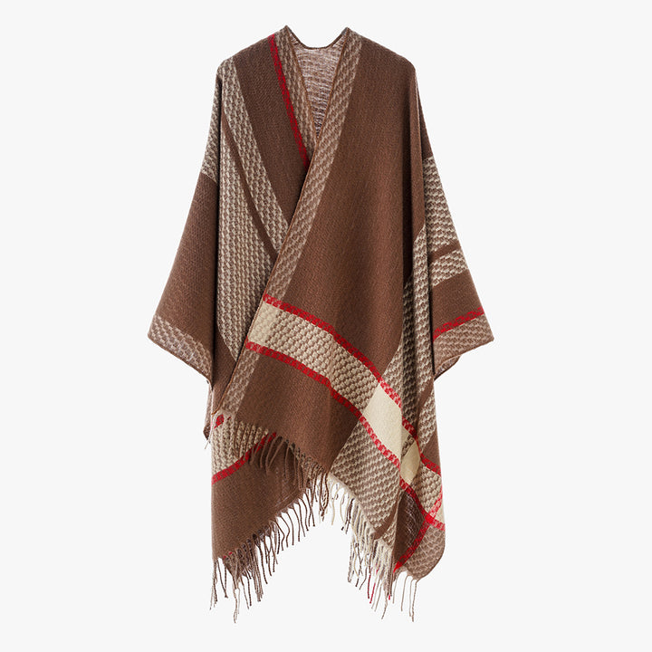 Women's Oversize Cape Poncho made of Wool Blend with Checkered Pattern and Fringe Hem Mune Fashion