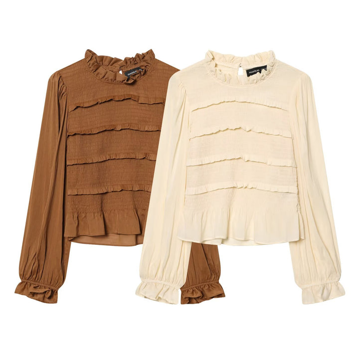 Women's Ruffled Blouse with Smocked Tiers, Stand-up Collar and Wide Balloon Sleeves Mune Fashion