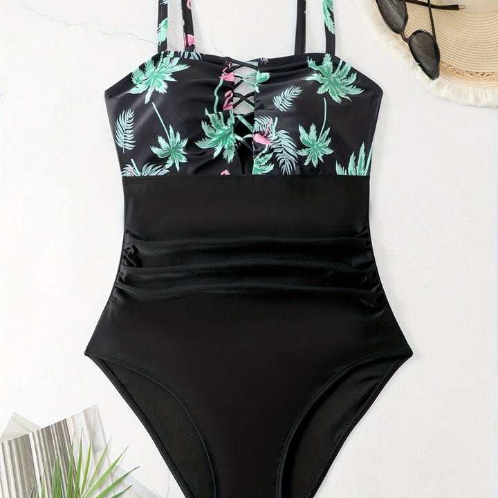 Women's one-piece swimsuit with sophisticated ruffle details and floral top Mune Fashion