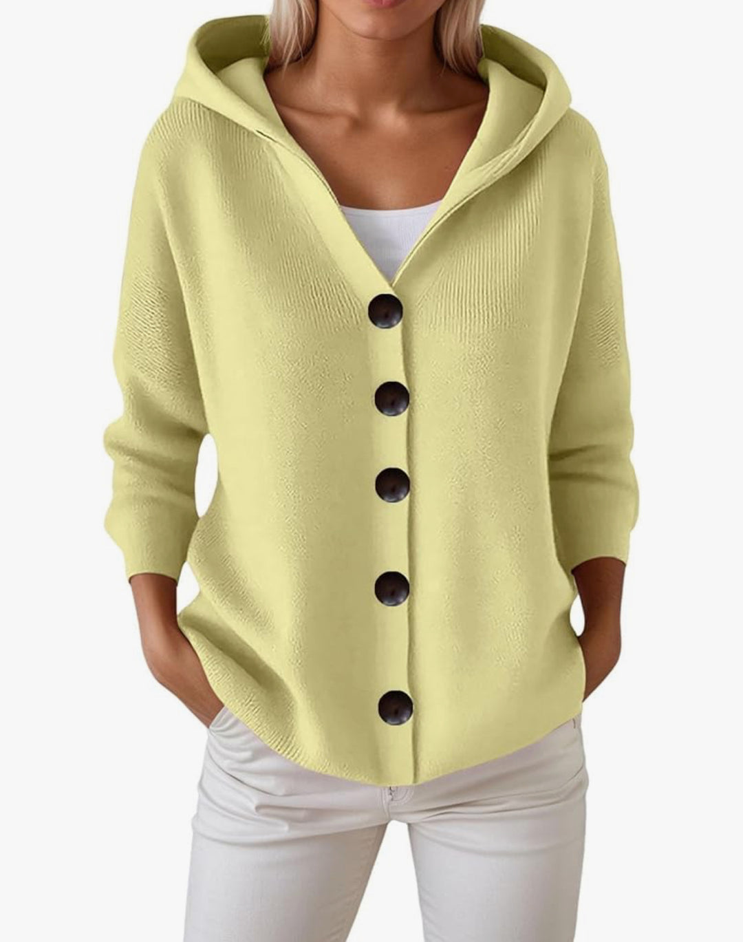 Women's hooded cardigan with large wooden buttons and side pockets Mune Fashion