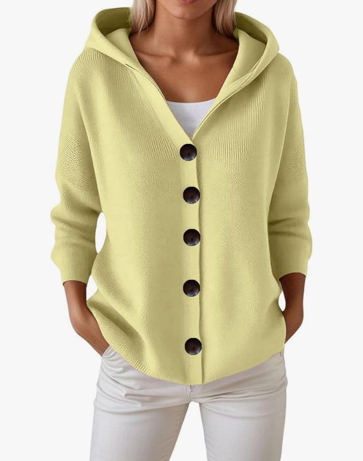 Women's hooded cardigan with large wooden buttons and side pockets Mune Fashion
