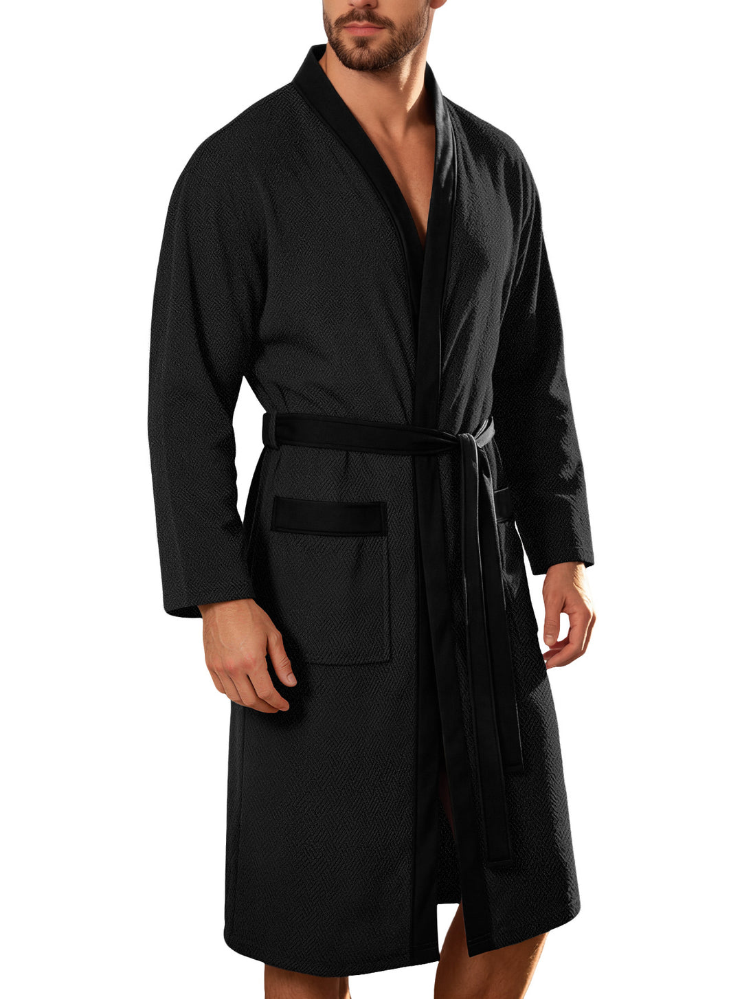 Men's lightweight cotton kimono bathrobe with waffle texture and patch pockets Mune Fashion