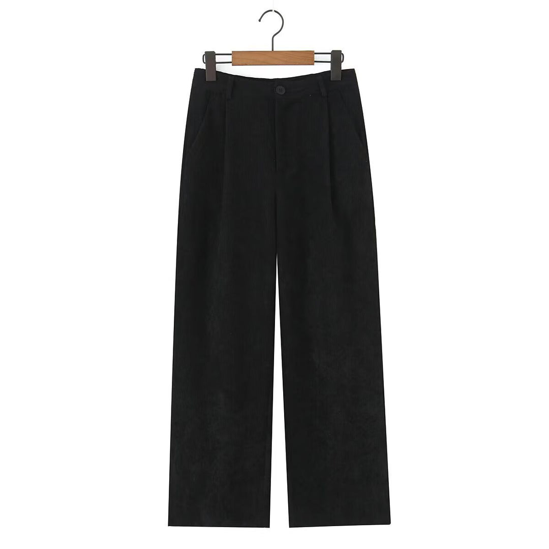 Women High-Waisted Cord Pants with Wide Leg and Pleats Mune Fashion