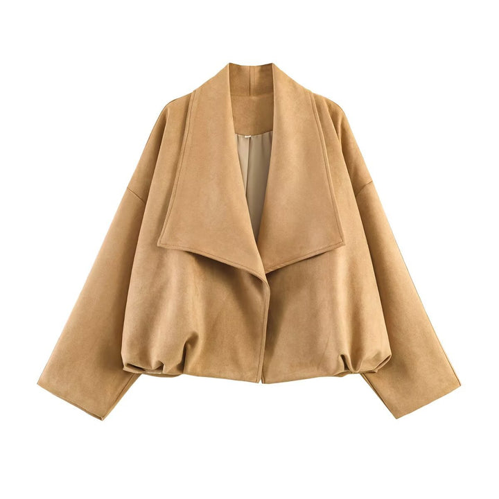 Women short cut oversized suede jacket with wide waterfall collar Mune Fashion