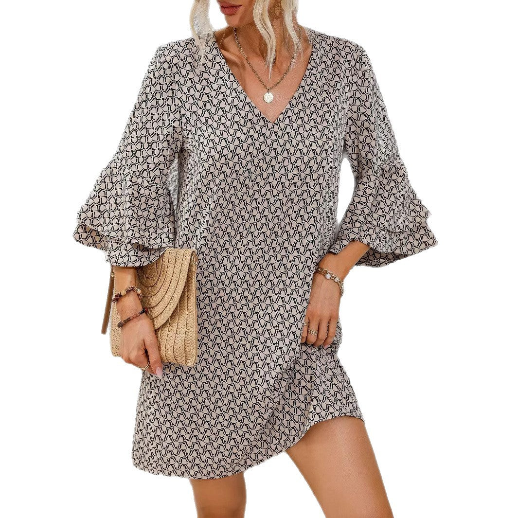 Women's flowing tunic mini dress with V-neck graphic chain pattern and double-layered bell sleeves Mune Fashion