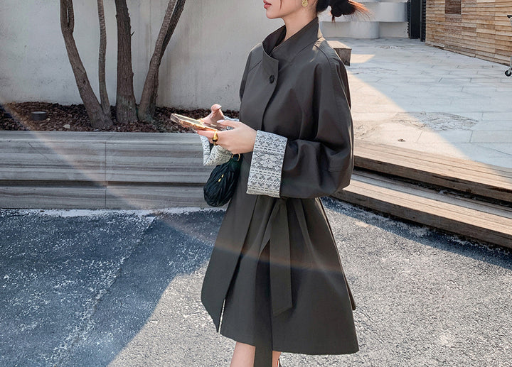Women Elegant Trench Coat with Waist Belt and Contrast Sleeves Mune Fashion