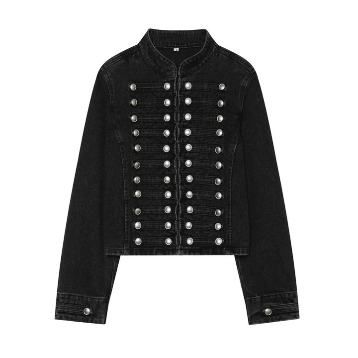 Women's Cropped Denim Blouson in Tailcoat Style with Decorative Row Buttons Mune Fashion