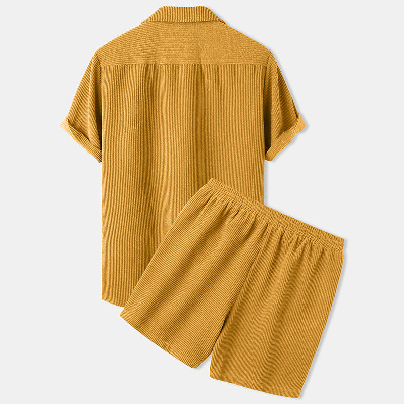 Men's short-sleeve leisure set with waffle texture, lapel collar and drawstring pants Mune Fashion