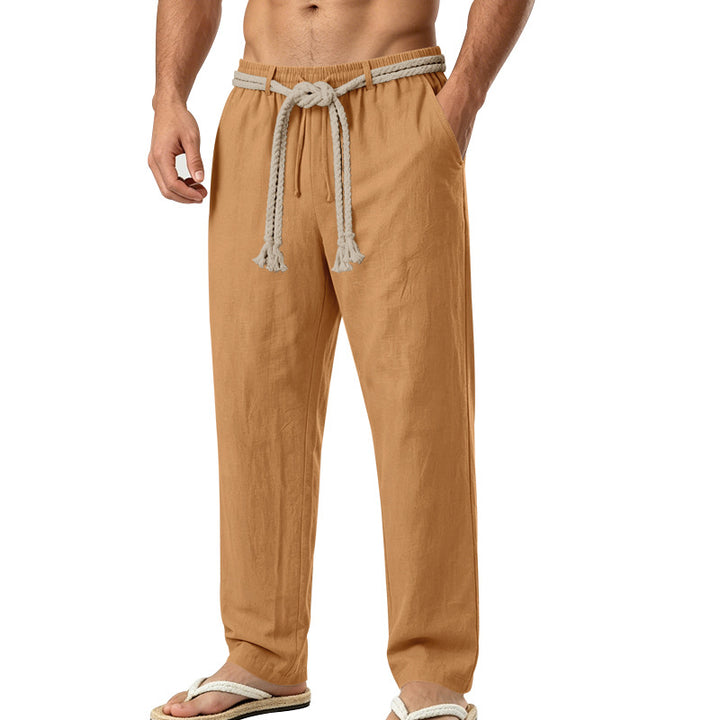 Men's Casual Linen Lounge Pants with Elastic Waistband, Decorative Rope Belt and Side Pockets Mune Fashion