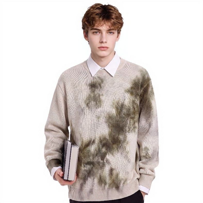 Men's Oversized Knit Sweater with Tie-Dye Look, Round Neck and Ribbed Cuffs Mune Fashion