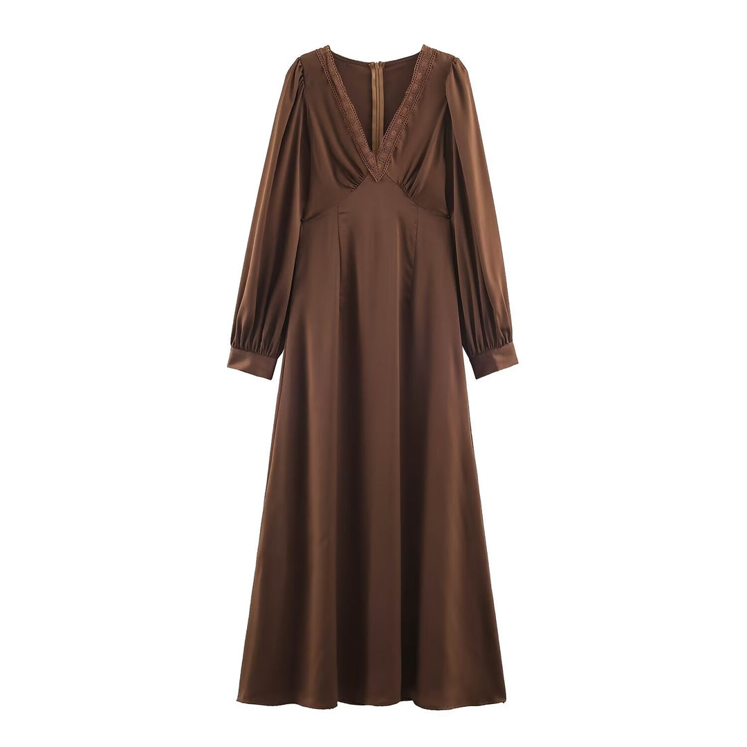 Women Elegant Satin Maxi Dress with V-Neck and Lace Trim Mune Fashion