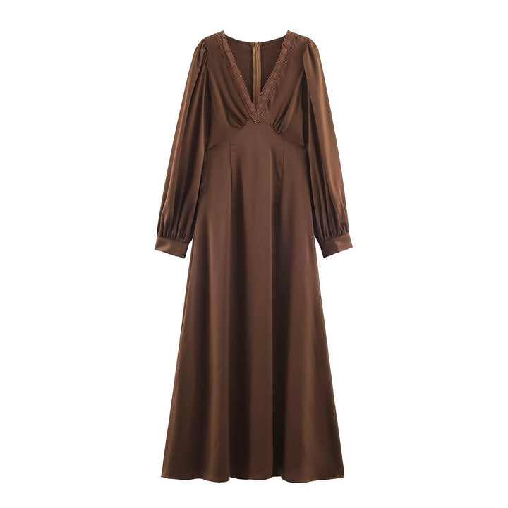 Women Elegant Satin Maxi Dress with V-Neck and Lace Trim Mune Fashion