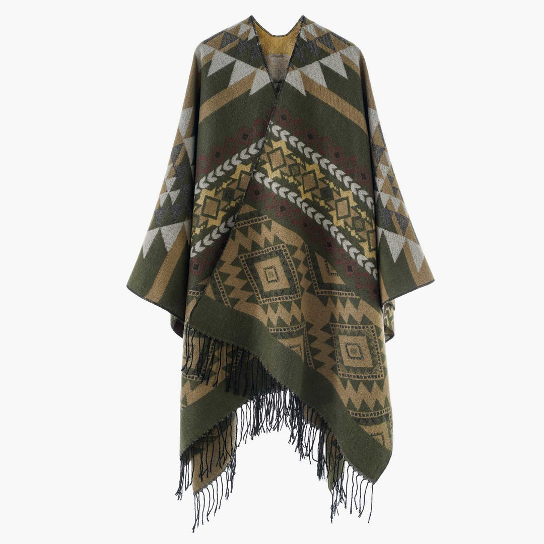 Women's Oversize Jacquard Cape in Ethno Jacquard with Fringing Mune Fashion