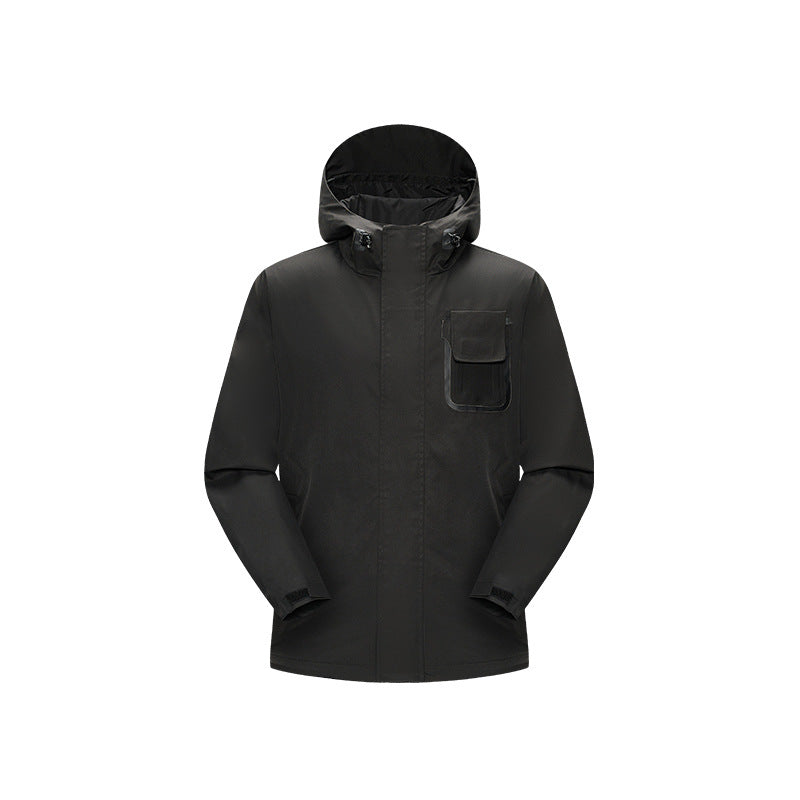 Men's waterproof utility outdoor jacket with concealed front, hood, and functional chest pocket Drune