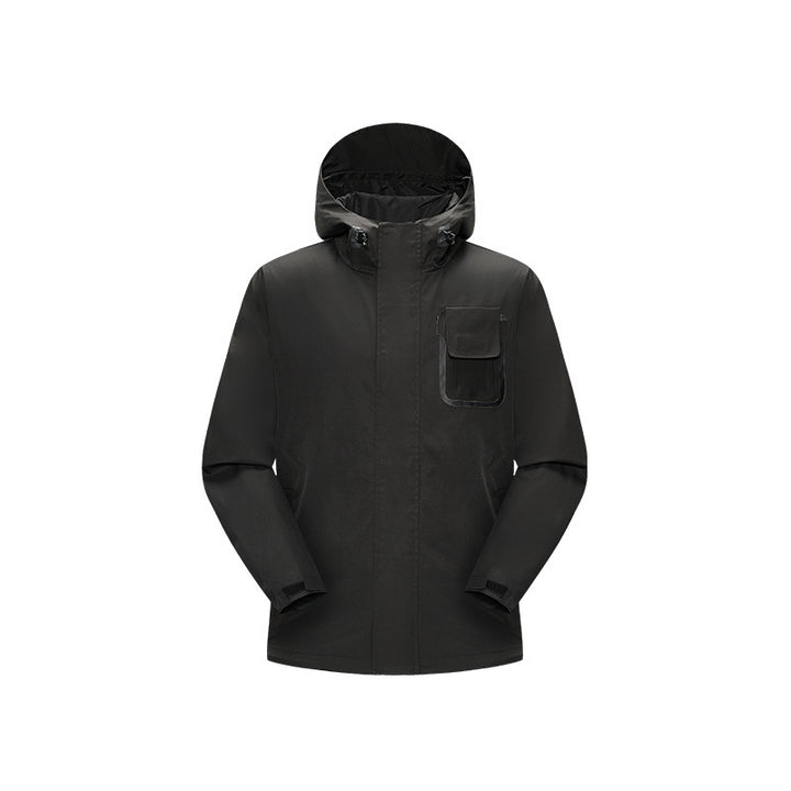Men's waterproof utility outdoor jacket with concealed front, hood, and functional chest pocket Drune