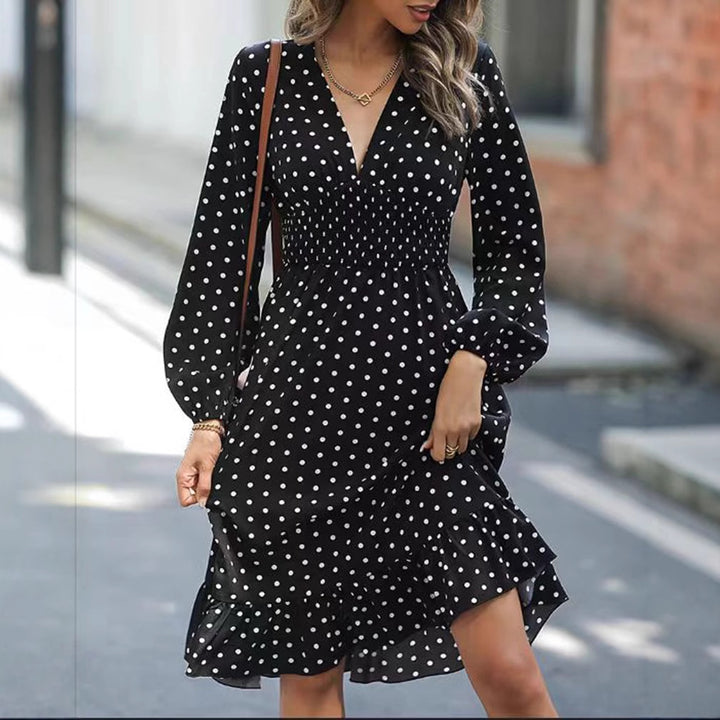Ladies' dotted A-line midi dress with V-neck, smocked waist and two-tiered ruffle Mune Fashion