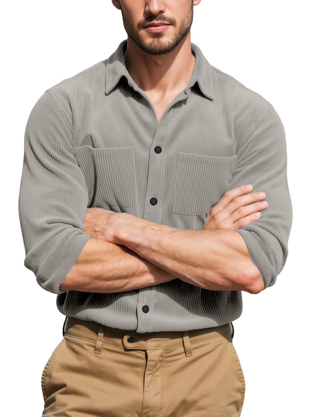 Men's textured casual overshirt with fine vertical ribbing, kent collar and patch chest pockets Mune Fashion